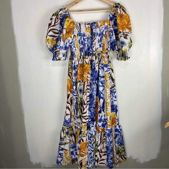 INC BOHO Phoebe Patch Printed Smocked Tiered Puff Sleeve Flowy Maxi Dress Medium - Picture 9 of 11